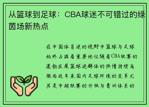 从篮球到足球：CBA球迷不可错过的绿茵场新热点