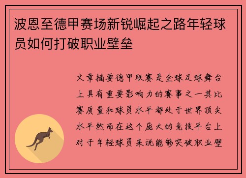 波恩至德甲赛场新锐崛起之路年轻球员如何打破职业壁垒