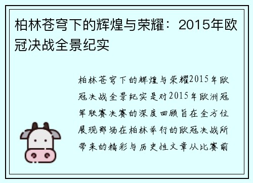 柏林苍穹下的辉煌与荣耀：2015年欧冠决战全景纪实