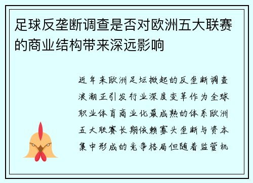 足球反垄断调查是否对欧洲五大联赛的商业结构带来深远影响